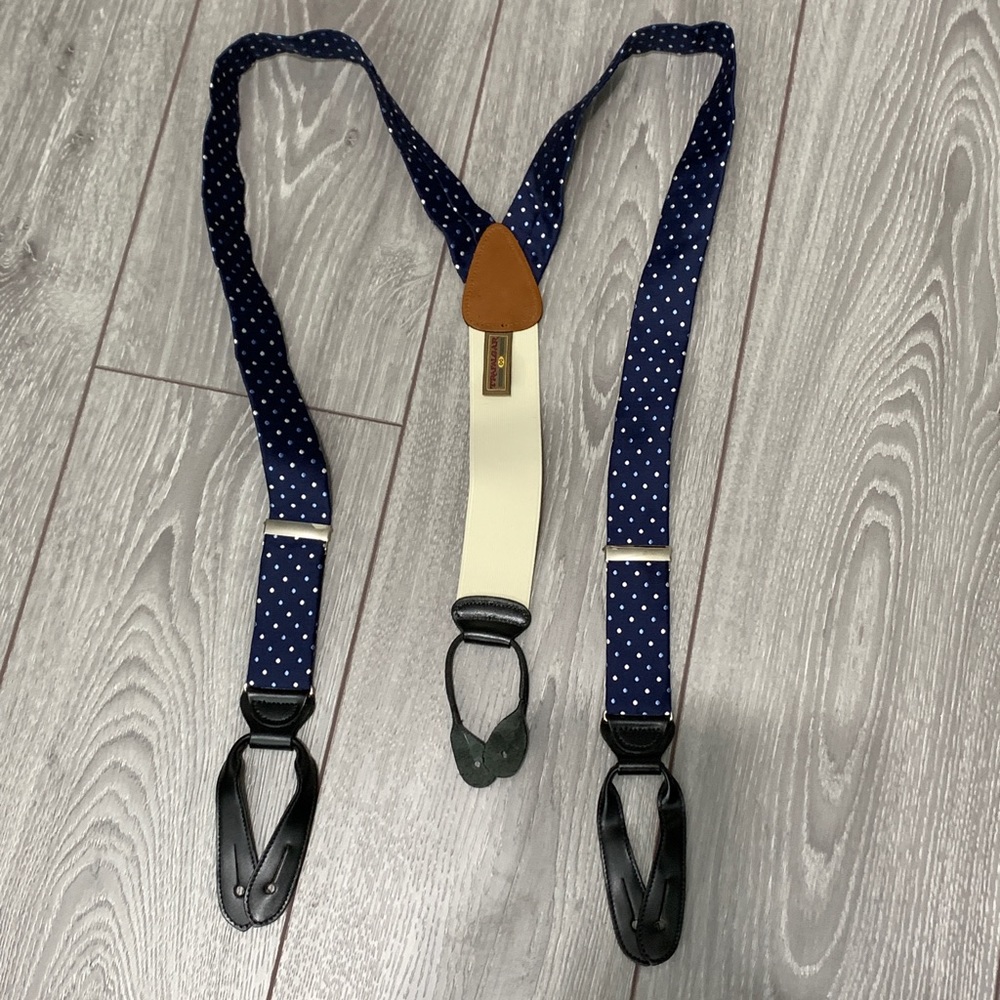 TRAFALGAR Leather Button Blue Polka Dot Silk Y Suspenders Braces